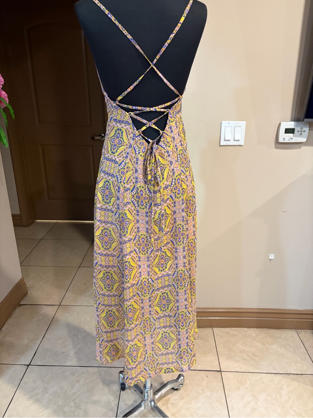 Moon River Yellow & Pink Mosaic-Print Spaghetti Strap Midi Dress - Picture 3 of 7